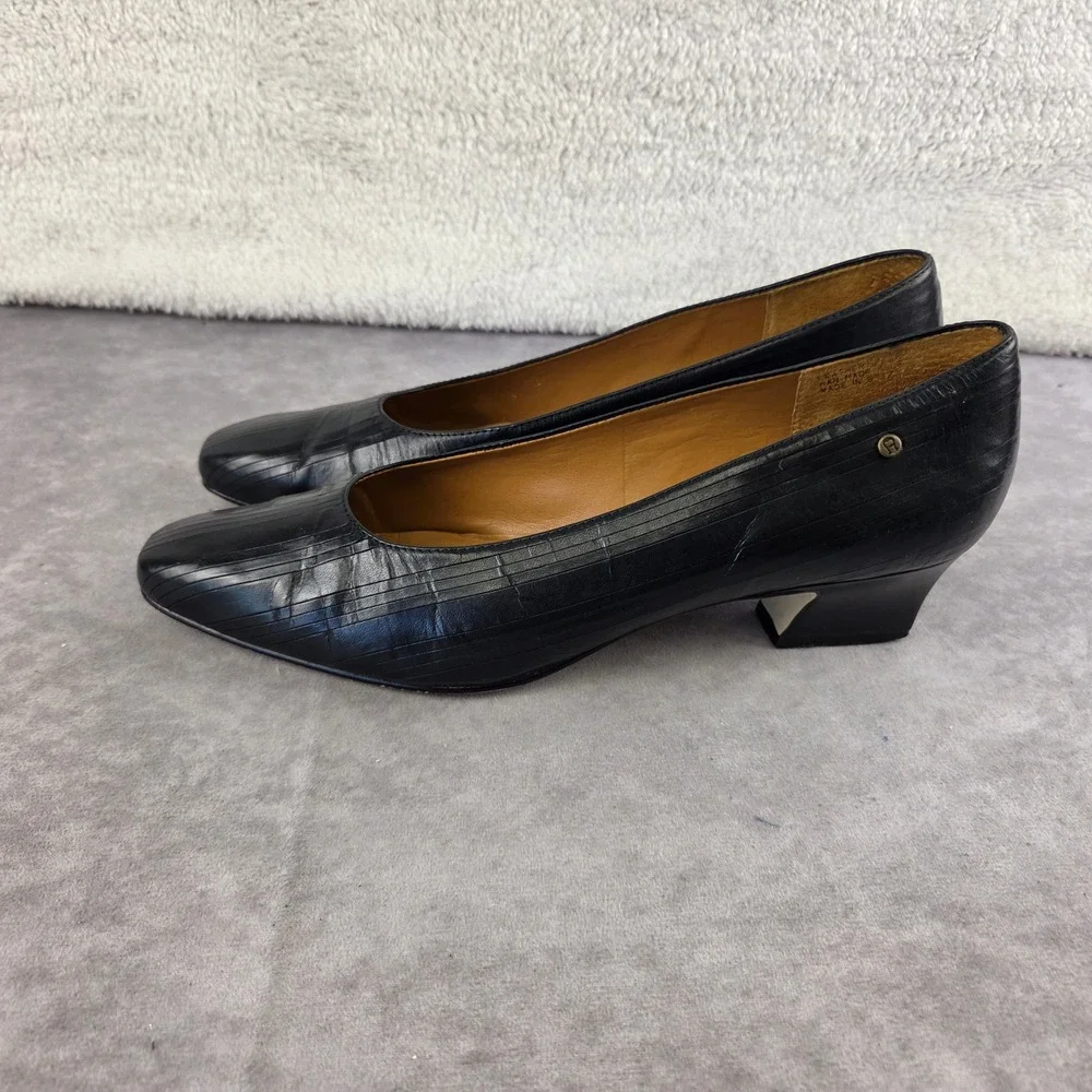 Etienne Aigner Messina Black Leather Pumps Low Heel Almond Toe Shoes 8.5N